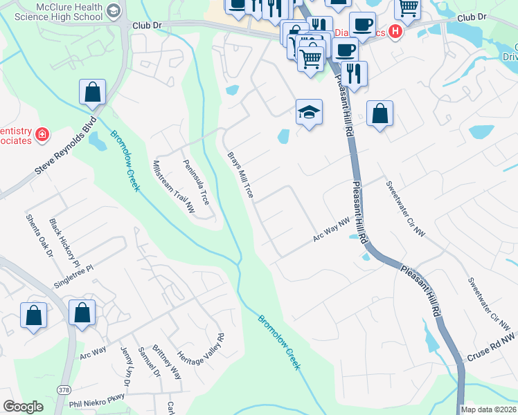 map of restaurants, bars, coffee shops, grocery stores, and more near 3818 Willow Wood Way Northwest in Lawrenceville