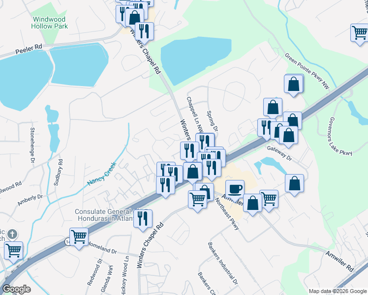 map of restaurants, bars, coffee shops, grocery stores, and more near 4650 Peachtree Place Parkway in Atlanta