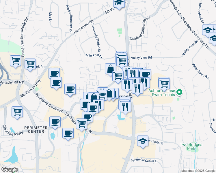 map of restaurants, bars, coffee shops, grocery stores, and more near 1028 Ashwood Parkway in Dunwoody
