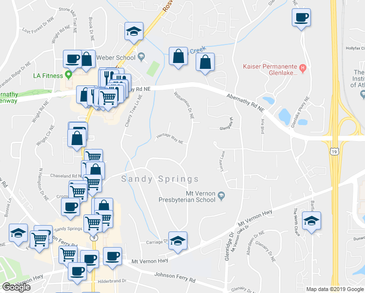map of restaurants, bars, coffee shops, grocery stores, and more near 495 Heritage Way Northeast in Atlanta
