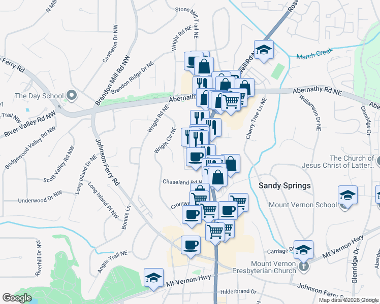 map of restaurants, bars, coffee shops, grocery stores, and more near 6518 Roswell Road in Sandy Springs