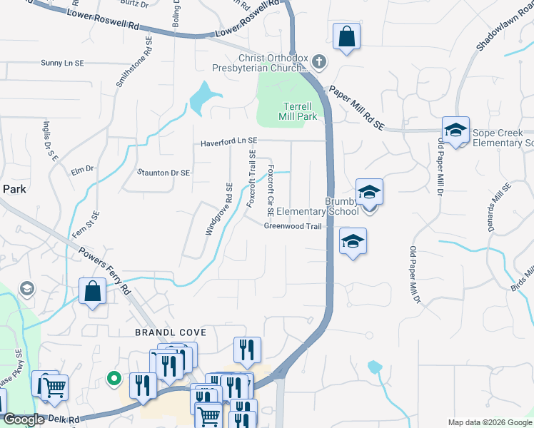 map of restaurants, bars, coffee shops, grocery stores, and more near 730 Foxcroft Circle Southeast in Marietta
