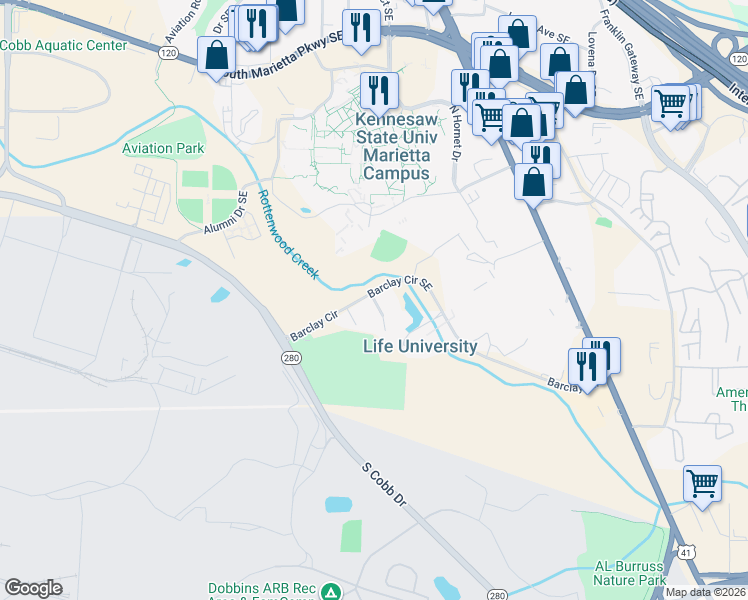 map of restaurants, bars, coffee shops, grocery stores, and more near 1108-1110 Barclay Circle Southeast in Marietta