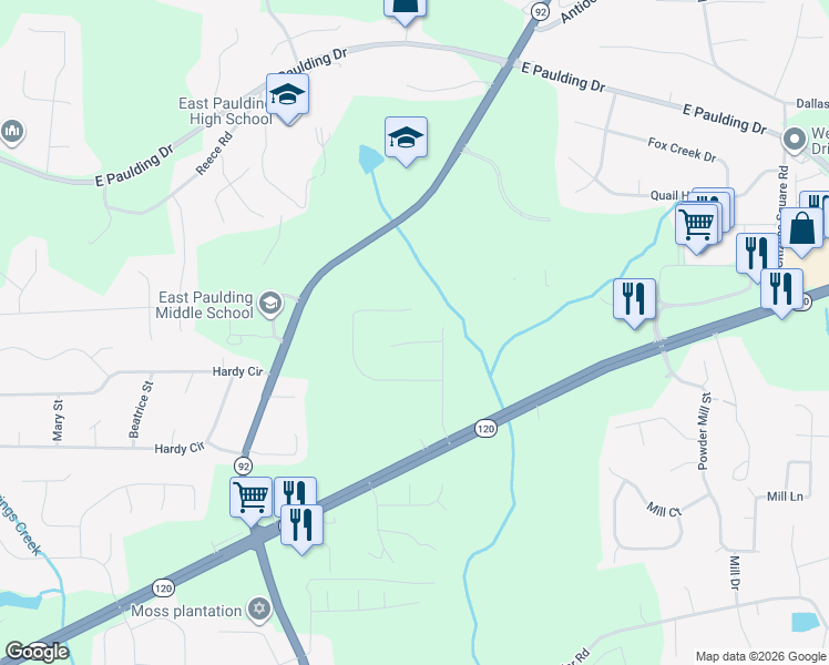map of restaurants, bars, coffee shops, grocery stores, and more near 422 Fox Ridge Court in Dallas