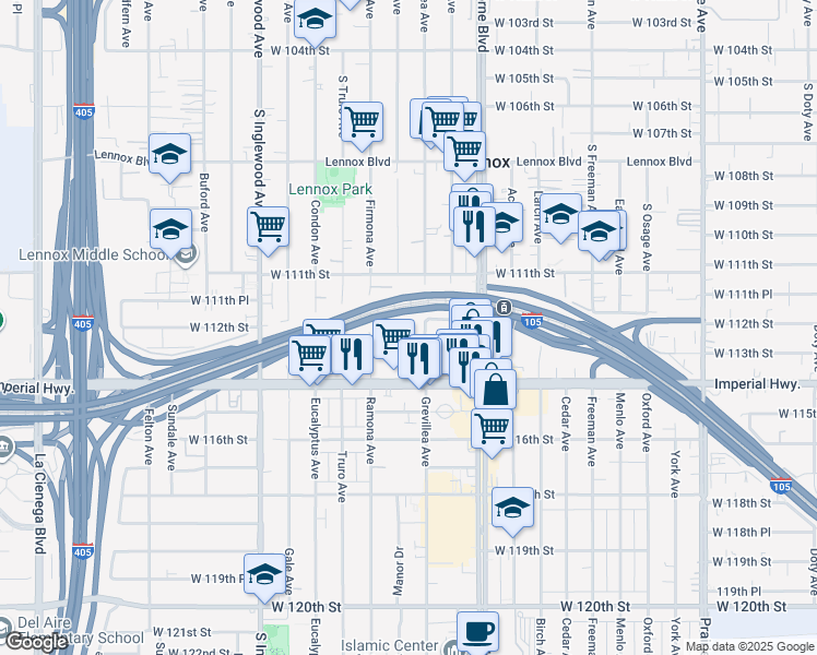 map of restaurants, bars, coffee shops, grocery stores, and more near 11156 Mansel Avenue in Inglewood