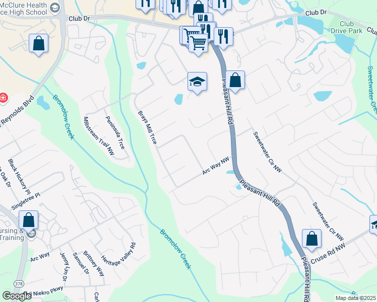map of restaurants, bars, coffee shops, grocery stores, and more near 3668 Willow Wood Way Northwest in Lawrenceville