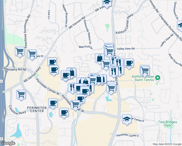 map of restaurants, bars, coffee shops, grocery stores, and more near 1100 Ashwood Parkway in Atlanta