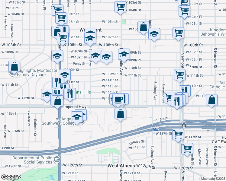 map of restaurants, bars, coffee shops, grocery stores, and more near 1442 West 111th Place in Los Angeles