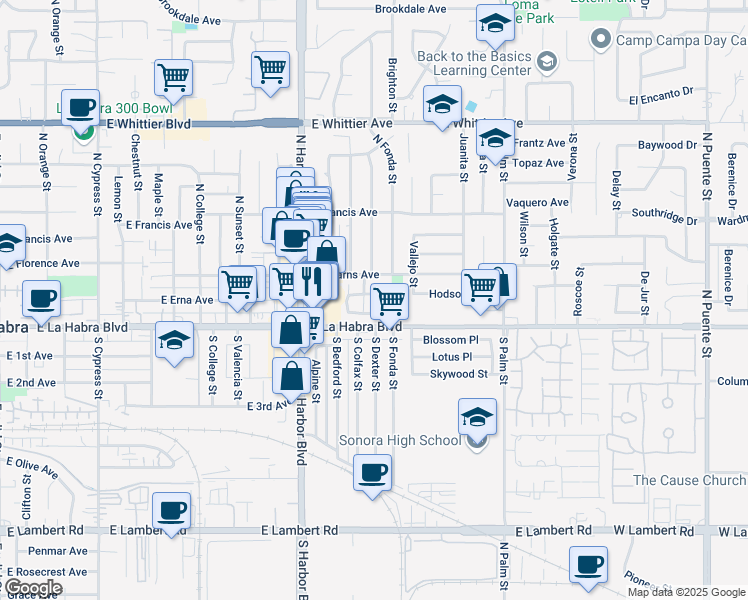 map of restaurants, bars, coffee shops, grocery stores, and more near 1440 Eastpark Drive in La Habra