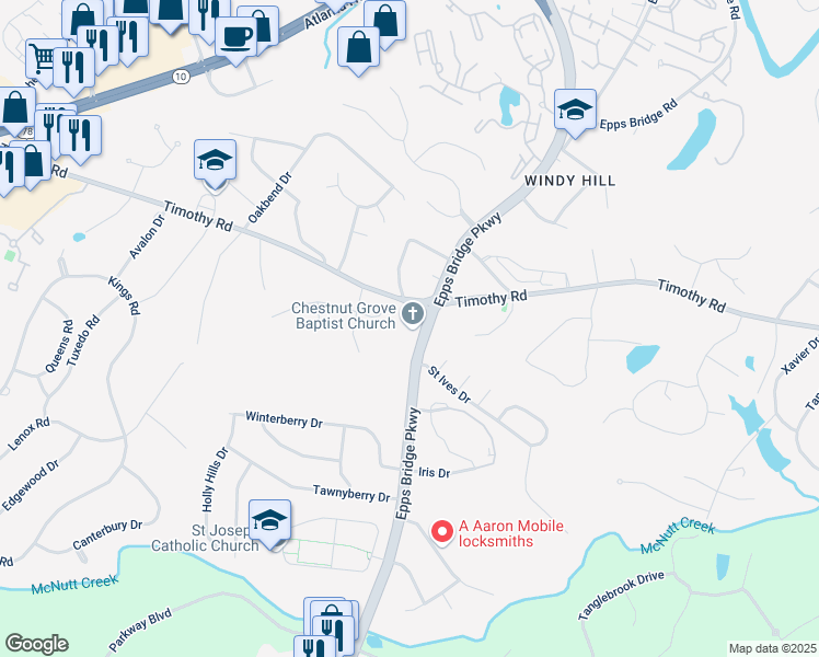 map of restaurants, bars, coffee shops, grocery stores, and more near 610 Epps Bridge Parkway in Athens