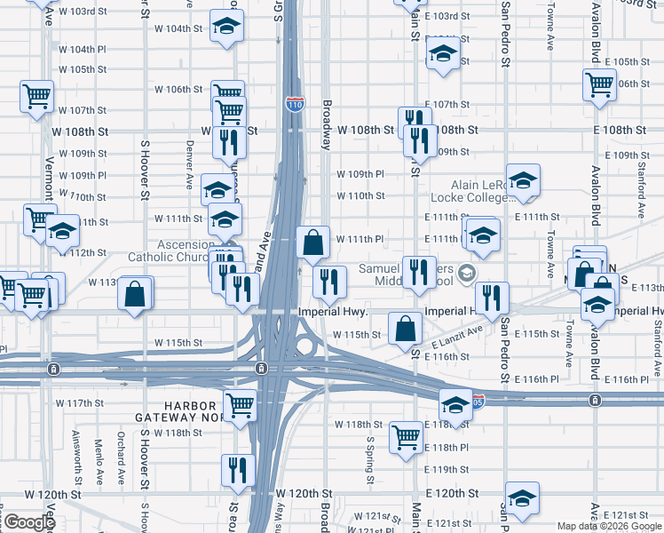 map of restaurants, bars, coffee shops, grocery stores, and more near 252 West 112th Street in Los Angeles
