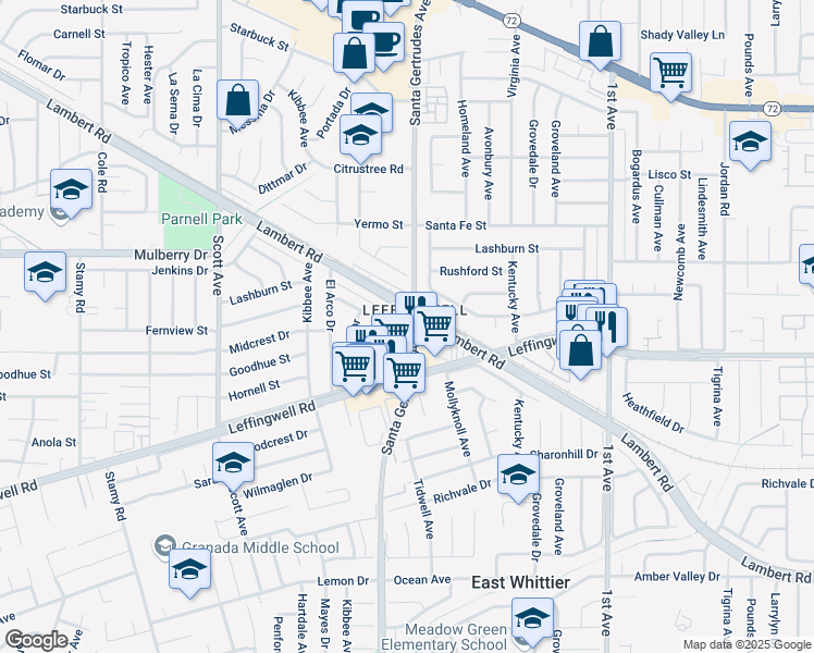 map of restaurants, bars, coffee shops, grocery stores, and more near 11015 Santa Gertrudes Avenue in Whittier