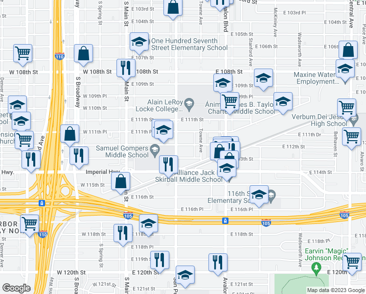map of restaurants, bars, coffee shops, grocery stores, and more near 314 East 112th Street in Los Angeles