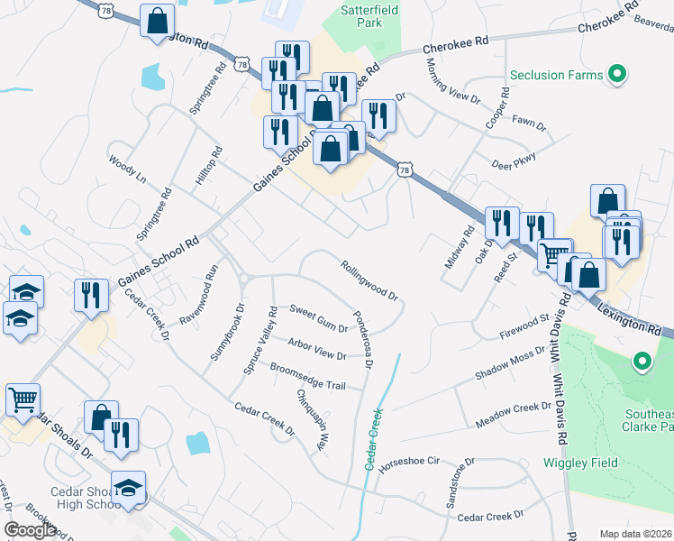 map of restaurants, bars, coffee shops, grocery stores, and more near 140 Rollingwood Drive in Athens