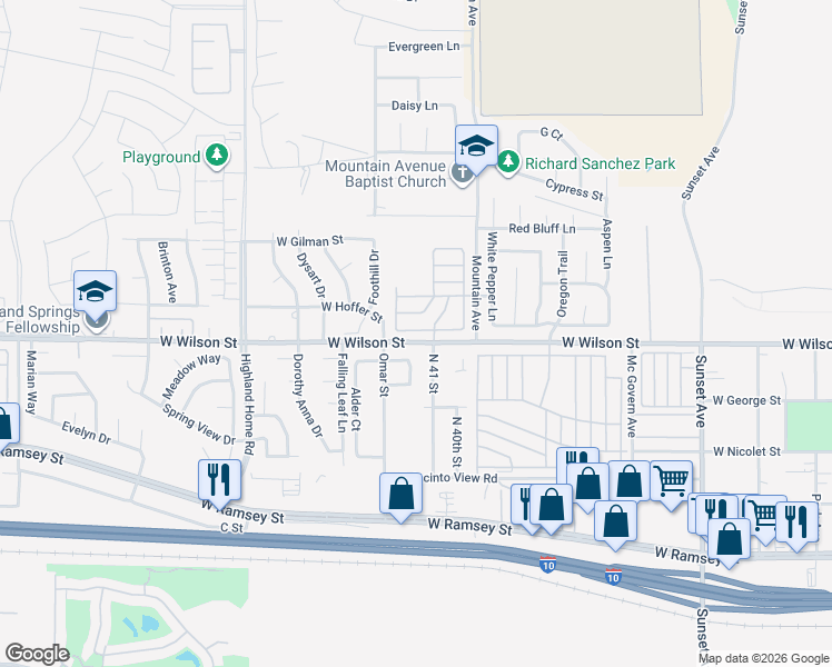 map of restaurants, bars, coffee shops, grocery stores, and more near 4133 West Wilson Street in Banning