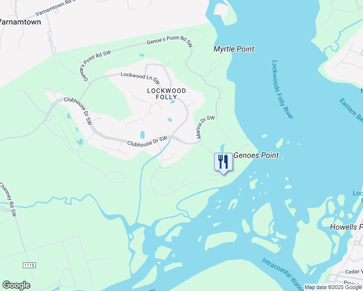 map of restaurants, bars, coffee shops, grocery stores, and more near 115 Clubhouse Drive Southwest in Brunswick County