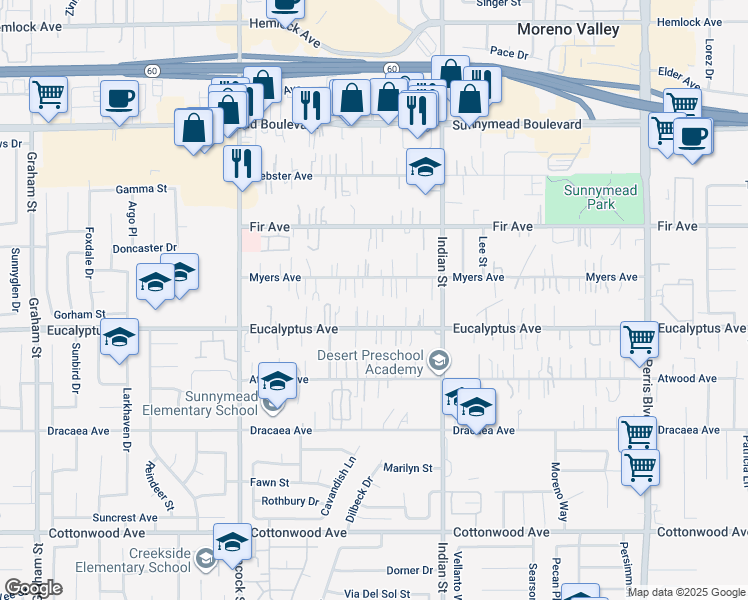 map of restaurants, bars, coffee shops, grocery stores, and more near 24337 Myers Avenue in Moreno Valley