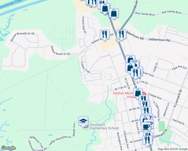 map of restaurants, bars, coffee shops, grocery stores, and more near 805 Cades Trail in Southport
