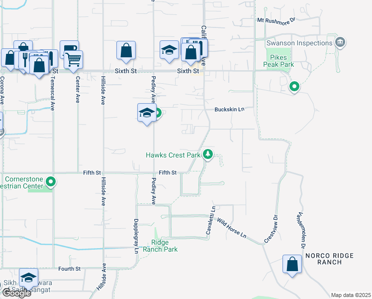 map of restaurants, bars, coffee shops, grocery stores, and more near 3498 California Avenue in Norco