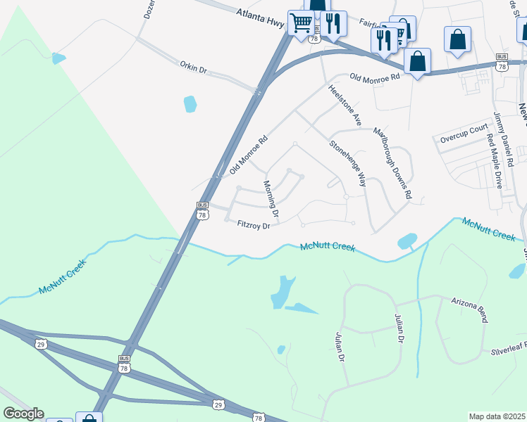 map of restaurants, bars, coffee shops, grocery stores, and more near 632 Holly Springs Court in Bogart