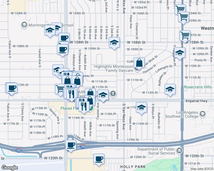 map of restaurants, bars, coffee shops, grocery stores, and more near 2409 West 112th Street in Inglewood