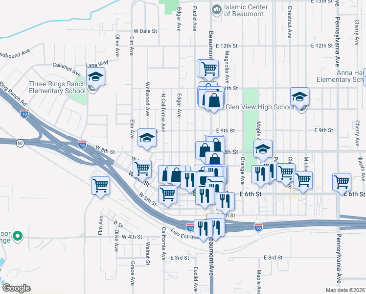map of restaurants, bars, coffee shops, grocery stores, and more near 814 Edgar Avenue in Beaumont