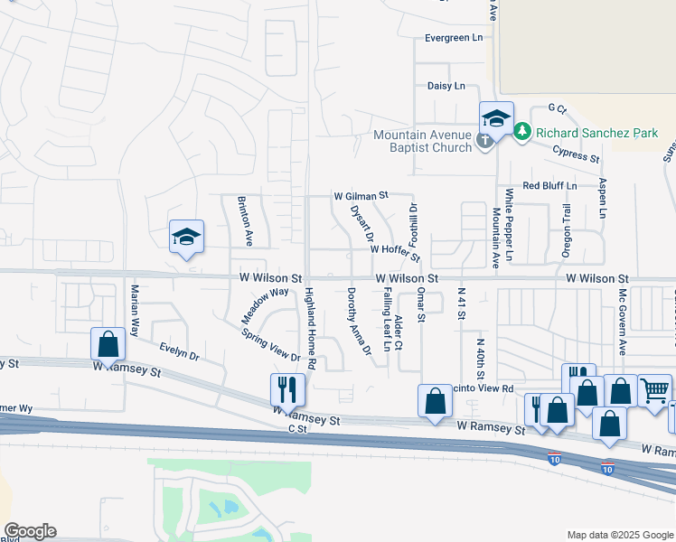 map of restaurants, bars, coffee shops, grocery stores, and more near 4700 West Hoffer Street in Banning