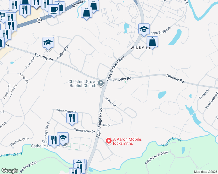 map of restaurants, bars, coffee shops, grocery stores, and more near 635 Epps Bridge Parkway in Athens