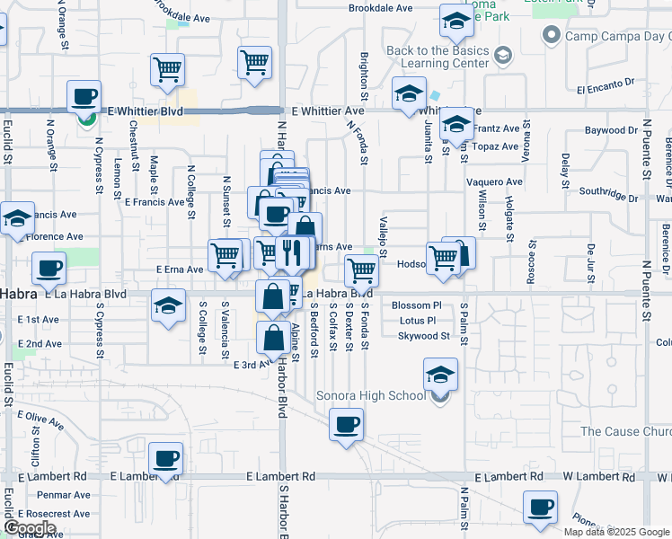 map of restaurants, bars, coffee shops, grocery stores, and more near 1400 Eastpark Drive in La Habra