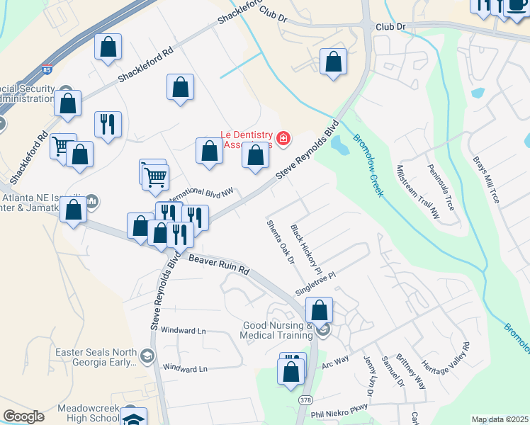 map of restaurants, bars, coffee shops, grocery stores, and more near 1468 Shenta Oak Drive in Norcross