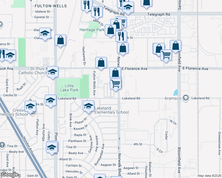 map of restaurants, bars, coffee shops, grocery stores, and more near 12147 Lakeland Road in Santa Fe Springs