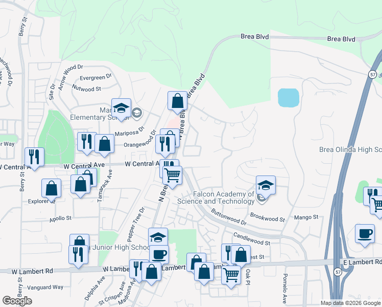 map of restaurants, bars, coffee shops, grocery stores, and more near 249 Brookshire Place in Brea