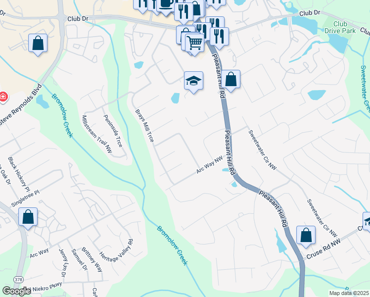 map of restaurants, bars, coffee shops, grocery stores, and more near 3678 Willow Wood Way Northwest in Lawrenceville