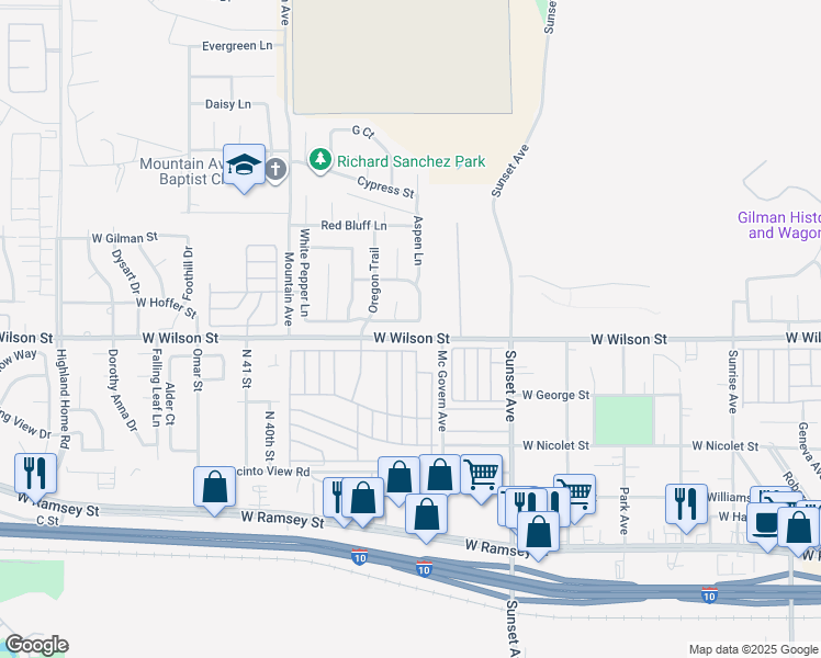 map of restaurants, bars, coffee shops, grocery stores, and more near 3546 White Oak Drive in Banning