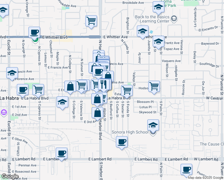 map of restaurants, bars, coffee shops, grocery stores, and more near 161 Greentree Lane in La Habra
