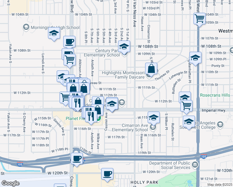 map of restaurants, bars, coffee shops, grocery stores, and more near 2409 West 112th Street in Inglewood