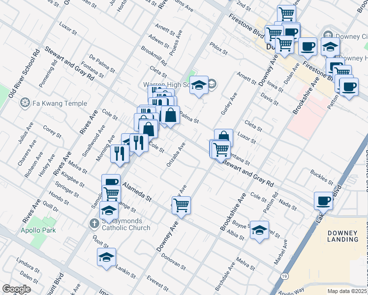 map of restaurants, bars, coffee shops, grocery stores, and more near 8203 Nada Street in Downey