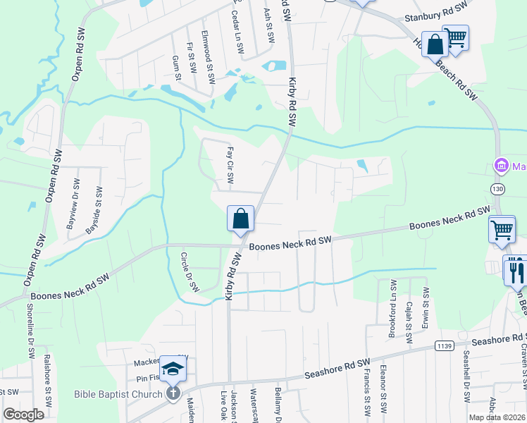 map of restaurants, bars, coffee shops, grocery stores, and more near 2304 Kirby Road Southwest in Supply