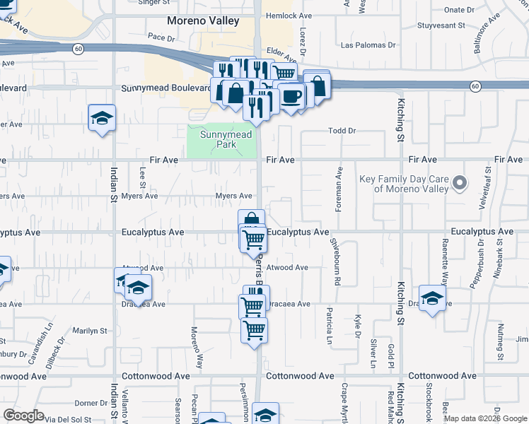map of restaurants, bars, coffee shops, grocery stores, and more near 12960 Perris Boulevard in Moreno Valley