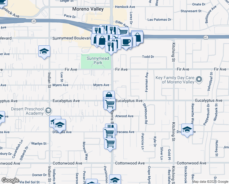 map of restaurants, bars, coffee shops, grocery stores, and more near 12960 Perris Boulevard in Moreno Valley