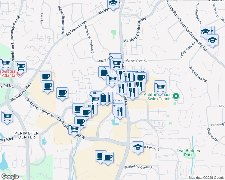 map of restaurants, bars, coffee shops, grocery stores, and more near 500 Ashwood Parkway in Atlanta