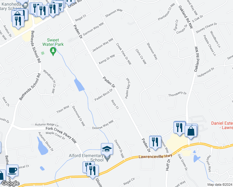 map of restaurants, bars, coffee shops, grocery stores, and more near 537 Paden Drive in Lawrenceville