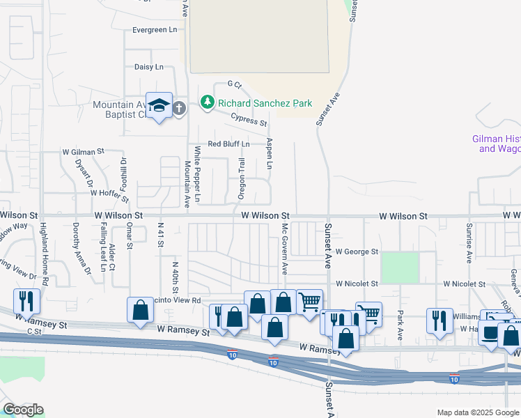map of restaurants, bars, coffee shops, grocery stores, and more near 3546 White Oak Dr in Banning