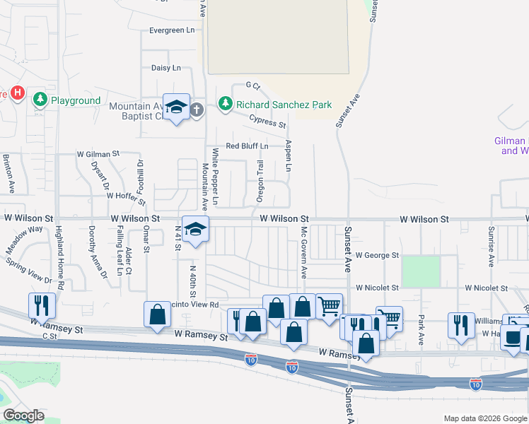 map of restaurants, bars, coffee shops, grocery stores, and more near 3634 White Oak Drive in Banning