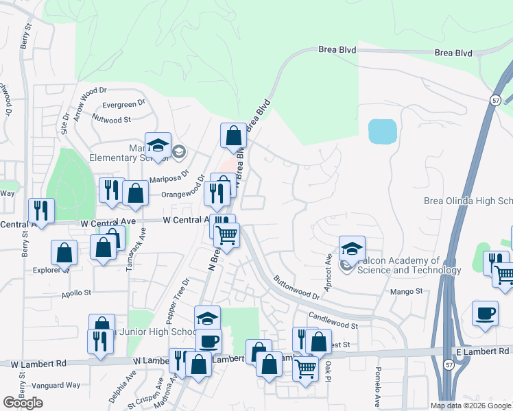 map of restaurants, bars, coffee shops, grocery stores, and more near 242 Echo Canyon Place in Brea