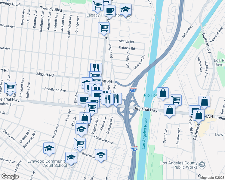 map of restaurants, bars, coffee shops, grocery stores, and more near 10722 Wright Road in South Gate