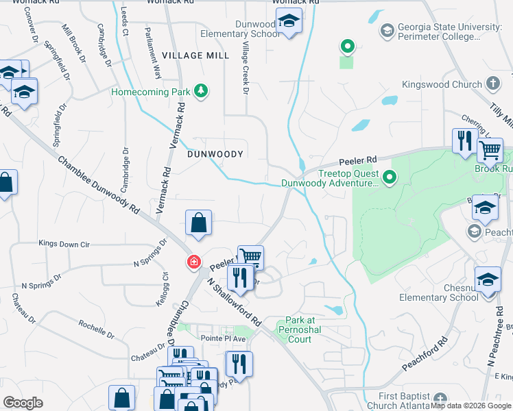 map of restaurants, bars, coffee shops, grocery stores, and more near 4643 Village Court in Dunwoody