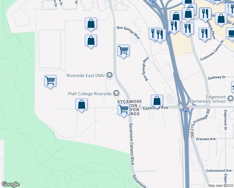 map of restaurants, bars, coffee shops, grocery stores, and more near 6465 Sycamore Canyon Boulevard in Riverside