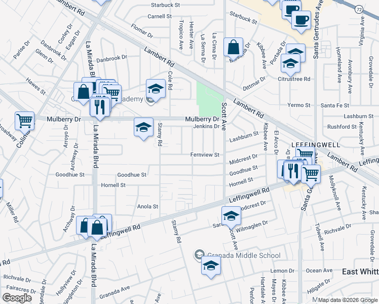 map of restaurants, bars, coffee shops, grocery stores, and more near 10933 Gladhill Road in Whittier