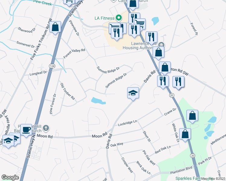 map of restaurants, bars, coffee shops, grocery stores, and more near 357 Forest Lake Road in Lawrenceville